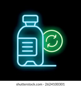 Blue neon icon of a plastic bottle with a green neon recycling symbol, representing the concept of plastic recycling