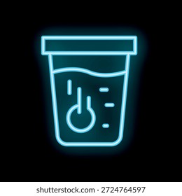 Blue neon icon of a plastic container holding hot water, with a thermometer measuring its temperature