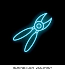 Blue neon icon of pliers glowing against a black background