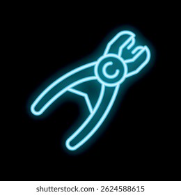Blue neon icon of pliers glowing on dark background, representing concepts such as construction, repair, and diy projects