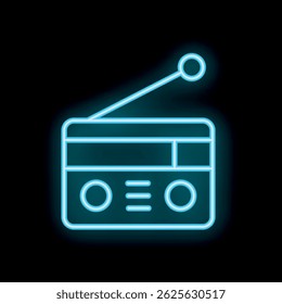 Ícone de néon azul de um receptor de rádio com uma antena que transmite no ar sobre um fundo preto