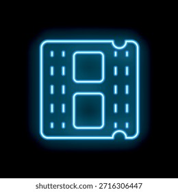 Icono de neón azul de un chip de memoria RAM que brilla sobre fondo negro, que representa el concepto de hardware de computadora