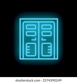 Blue neon icon of a refrigerator glowing on a black background