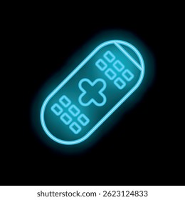 Blaues Neonsymbol einer Fernbedienung, die auf dunklem Hintergrund leuchtet