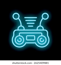 Blue neon icon of a remote control with antenna emitting signal on black background