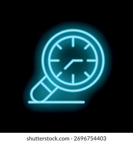 Icono de neón azul que representa una lupa examinando la cara de un reloj, simbolizando la gestión y el análisis del tiempo