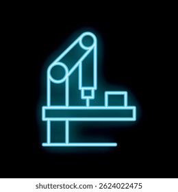 Blue neon icon representing a robotic arm working on a production line, a symbol of industrial automation