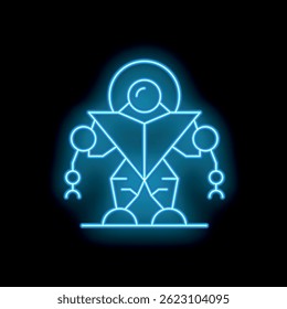 Blue neon icon of a robot standing with arms outstretched and antenna on its head, on a black background