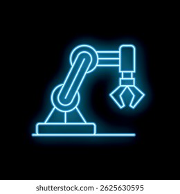 Blue neon icon of a robotic arm holding something with its grabber, isolated on a black background