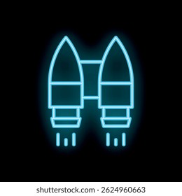 Blue neon icon of a rocket launching upward through space, representing concepts such as ambition and innovation