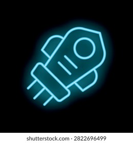 Blue neon icon of a rocket ship flying through space on a black background