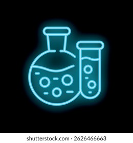 Blue neon icon of a round bottom flask and a test tube glowing on black background