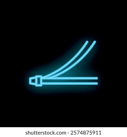 Blue neon icon of a safety seat belt shining on a black background