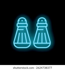 Blue neon icon of a salt and pepper shaker set glowing on a black background