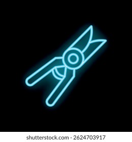 Blue neon icon of secateurs glowing on dark background, representing gardening and plant care