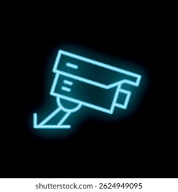 Blue neon icon of a security camera shining on a black wall