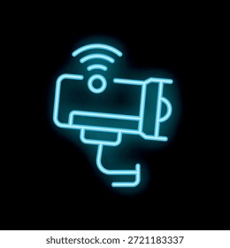 Video Icono azul del neón de una cámara de seguridad que transmite la vigilancia video sobre el wifi en un fondo negro