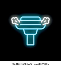 Blue neon icon of a shaving razor glowing on dark background