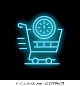 Blue neon icon of a shopping cart with motion lines and a clock representing fast delivery service