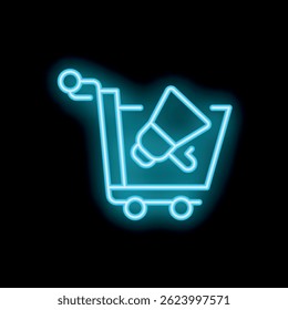 Blue neon icon of a shopping cart containing a megaphone, representing the concept of marketing in e commerce