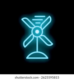 Blue neon icon of a small windmill generating clean energy, isolated on a black background