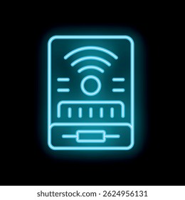 Blue neon icon of a smart home system controlling temperature and internet connection on a black background