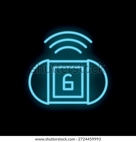 Blue neon icon of a smart lock sending a wireless signal, on a black background