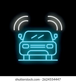 Blaues Neonsymbol eines intelligenten oder selbstfahrenden Autos, das Signale auf schwarzem Hintergrund aussendet