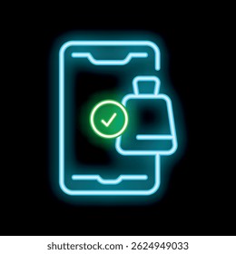 Blue neon icon of a smartphone with a green check mark over a turquoise suitcase on a black background