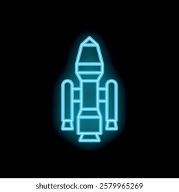 Blue neon icon of a space shuttle glowing on a black background