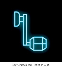 Blue neon icon of a space station module is glowing on a black background