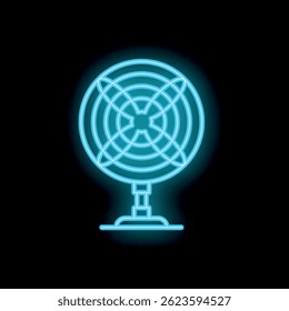 Blue neon icon of a standing electric fan blowing cool air