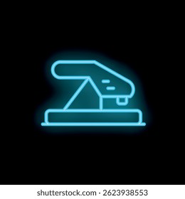 Blue neon icon of a stapler glowing against a black background