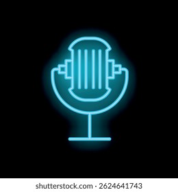 Icono de neón azul de un micrófono de estudio que brilla intensamente sobre un fondo negro