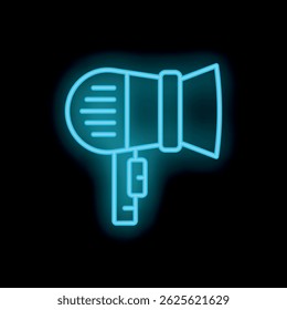 Blue neon icon of a studio spotlight shining in the dark