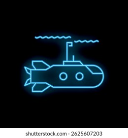 Blue neon icon of a submarine surfacing in the ocean depths