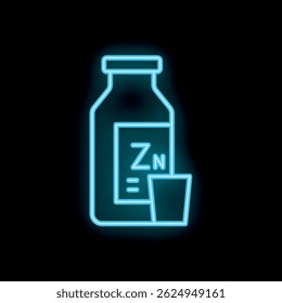 Blue neon icon of a supplement bottle and measuring cup glowing against a black background