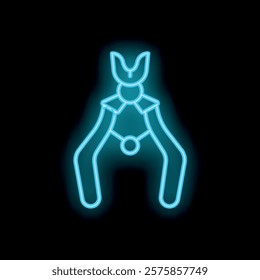 Blue neon icon of tooth extraction pliers glowing on a black background