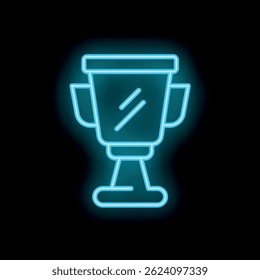 Icono de neón azul de la taza del trofeo que brilla intensamente en el fondo oscuro que representa el concepto de ganar y del logro