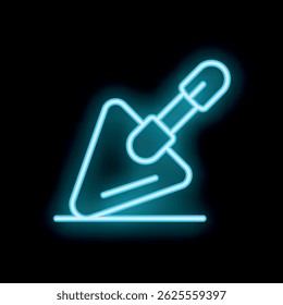 Blue neon icon of a trowel spreading cement on a black background