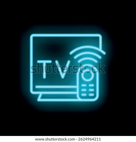 Blue neon icon of a tv set with a remote control sending a signal, on a black background