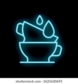 Blue neon icon of two cups stacked and tilted sideways, with water drops falling on them, suggesting washing dishes