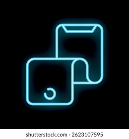 Blauw neon-pictogram van twee smartphones met overlappende schermen die synchronisatieproces op een zwarte achtergrond tonen