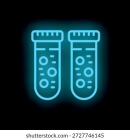 Blue neon icon of two test tubes with molecules on a black background