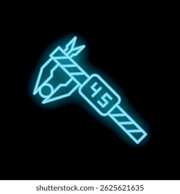 Blue neon icon of a vernier caliper measuring tool glowing on a dark background