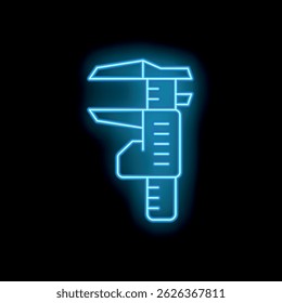 Blue neon icon of a vernier caliper representing a measurement tool is glowing on a dark background