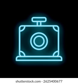 Blue neon icon of a vintage photo camera glowing on a black background