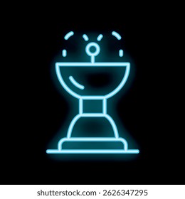 Blue neon icon of a water fountain, glowing on a black background