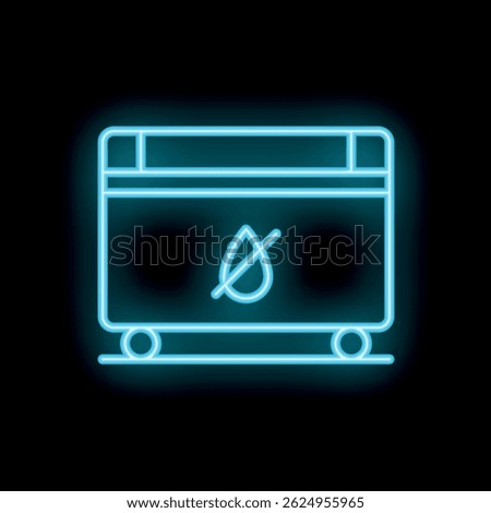 Blue neon icon of a waterproof container glowing against a black background