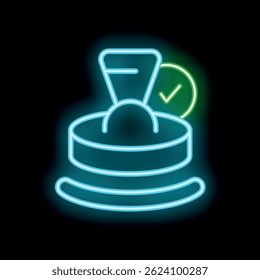 Blue neon icon of a wedding ring with diamond and a green check mark on black background